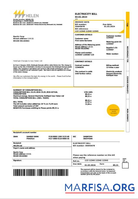 Blank Finland HELEN business utility bill template in Word and PDF formats